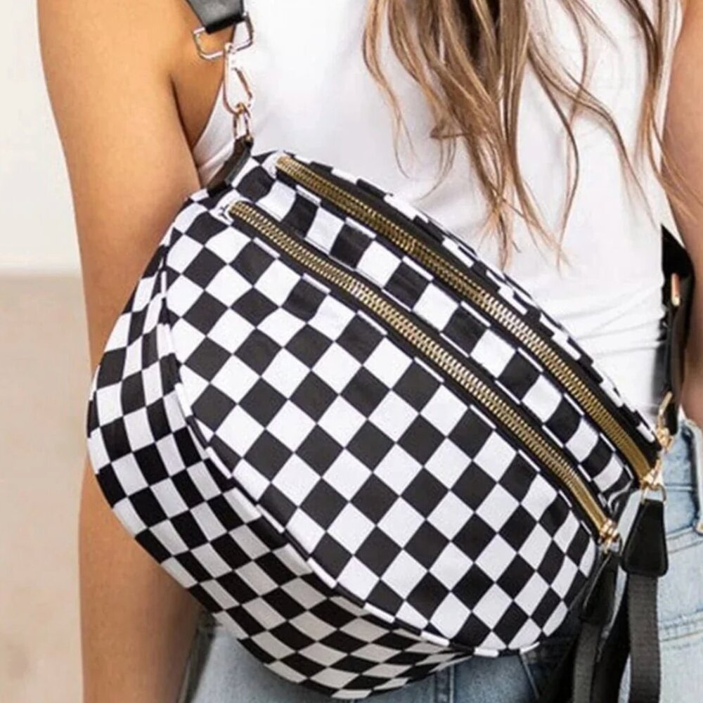 NWT Brown and White Nylon Checker and Solid Color Sling Crossbody Casual Bag - Picture 2 of 3
